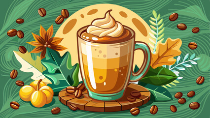 Cartoon glass of coffee with tahini and whipped cream surrounded by coffee beans, spices, and autumn leaves