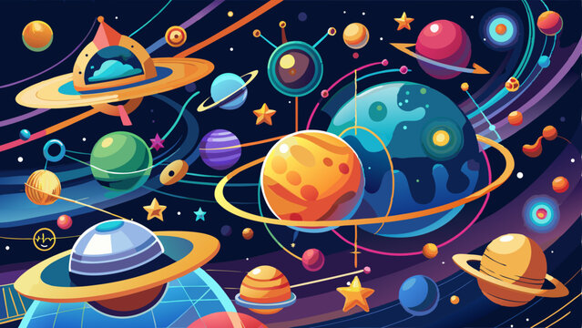 Colorful cartoon illustration of fantasy planets and stars in a vibrant outer space scene