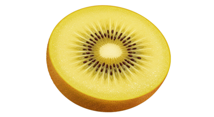 Close-up of a golden kiwi fruit cut in half against a black background