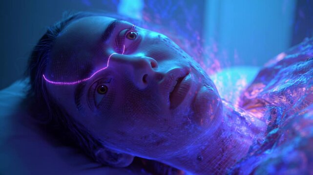 Medical animation showing a female patient slowly awakening from cryosleep, a futuristic interface projecting a pink neon light on her face, highlighting her features as she regains consciousness