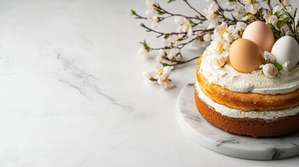 A beautifully layered cake adorned with fresh flowers and eggs, perfect for celebrating spring events like Easter or special occasions with a touch of elegance.