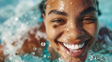 A happy young woman surfaces from a pool, her radiant smile and sparkling eyes captured amidst splashes of water, exuding joy and the exhilaration of summer adventures.