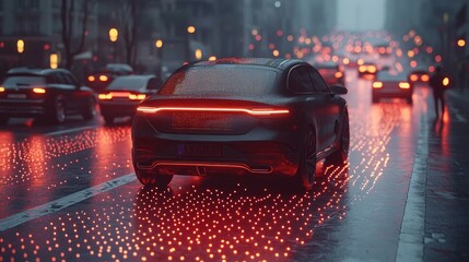 Futuristic city street scene at night.  Rainy, busy street with modern vehicles and glowing road markers