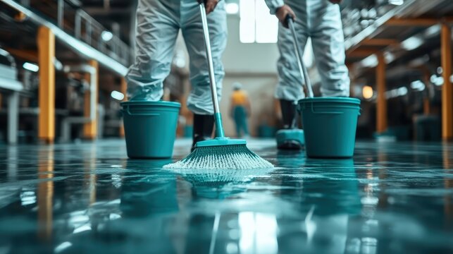 Two dedicated workers in protective gear diligently mop a shiny floor, emphasizing teamwork and cleanliness in a well-maintained industrial environment.