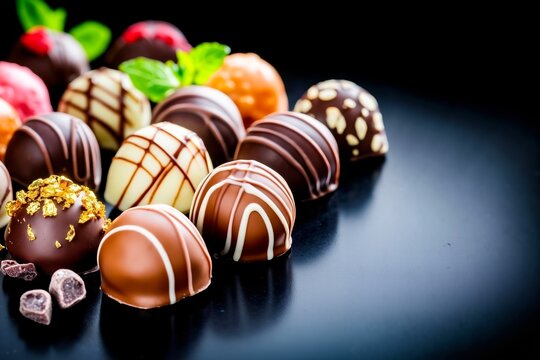 A bunch of chocolates sitting on top of a black table