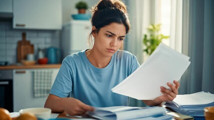 A worried woman looking at bills and documents at her kitchen table. Financial problems, debt, and stress concept. Scene for credit counseling or financial services advertising