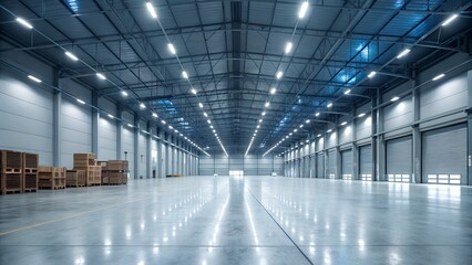 Spacious modern warehouse interior with bright lighting and empty floor space