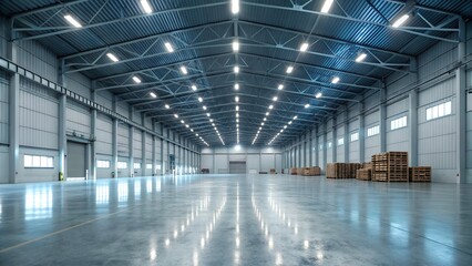 Spacious modern warehouse interior with bright lighting and pallets