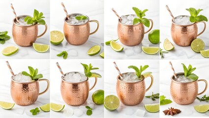 Refreshing moscow mule cocktails in copper mugs with lime and mint garnish