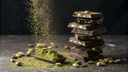 Dark chocolate stack with pistachios and matcha powder gourmet dessert photography