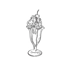 An ice cream sundae drawn in black and white with a cherry on top with whipped cream