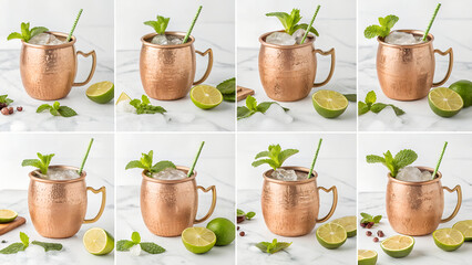 Refreshing moscow mule cocktail in copper mugs with limes and mint garnish