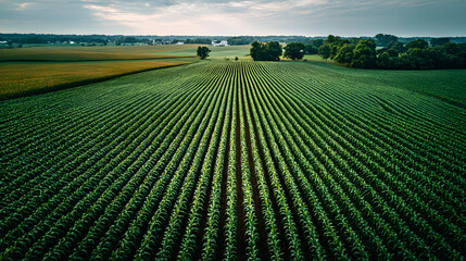 Aerial view of a field of young corn plants, with orderly rows stretching out towards the horizon, depicting early growth in agriculture