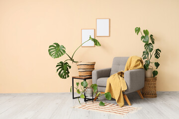 Interior of living room with armchair, tables and Monstera plants