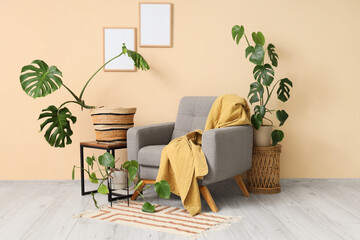 Interior of living room with armchair, tables and Monstera plants