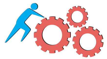 the concept of a business process from a worker who is pushing the gear of the project. vector illustration with a white background