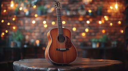 Acoustic guitar on rustic wooden table, warm lighting