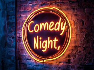 A neon sign featuring a smiling comedy mask 