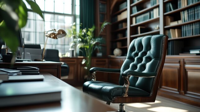 A plush leather office chair stands prominently in a sleek, modern workspace with a wooden desk, surrounded by bookshelves filled with literature, combining comfort and style.