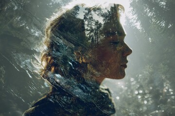 A woman's profile, serene and contemplative, with a superimposed forest scene within her head.