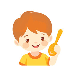 Obraz premium Happy child holding honey spoon in simple illustration, sweetness