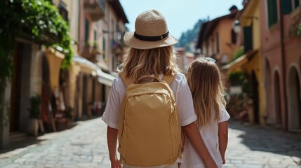 Fototapeta premium A heartwarming scene of two children holding hands, enjoying a warm day as they stroll through a charming, sunlit European street filled with beauty and character.