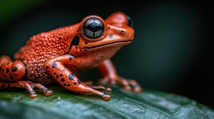 Obraz premium This close-up captures a vibrant red frog perched on a lush green leaf, showcasing its unique textures and striking colors in a natural setting, highlighting biodiversity.