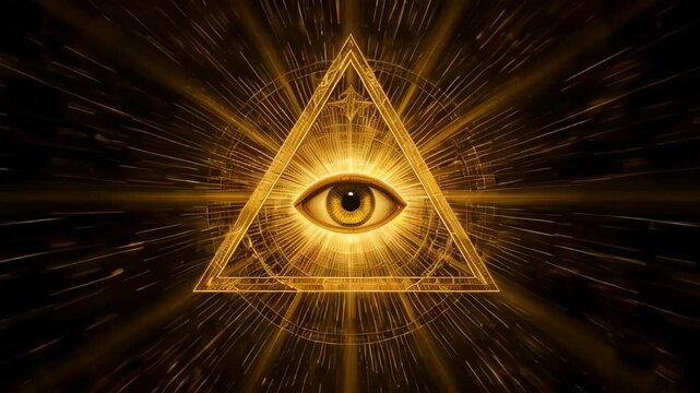 Mystical golden eye inside a glowing triangle radiates powerful energy, symbolizing enlightenment, divine vision, cosmic awareness, secret knowledge, higher consciousness, and spiritual awakening