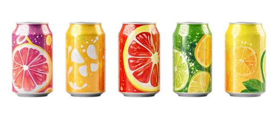 Pack Collection Fruit Soda Cans set against transparent background