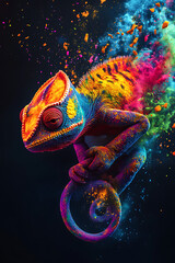 A vibrant chameleon with a colorful explosion of paint, showcasing its unique features in a dark background