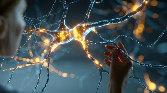 Medical researcher interacting with a 3d model of a neuron, exploring its intricate connections and firing patterns in a virtual environment - Powered by Adobe