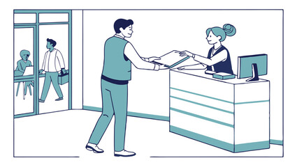 Man handing documents to a receptionist behind a counter in an office with people in background