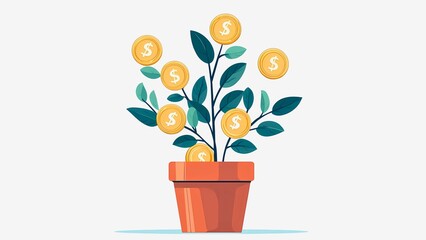 Growing money tree illustration for financial growth concept. A tree with dollar coins growing in a pot