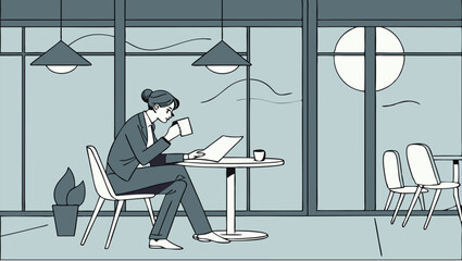 Woman in a suit sitting at a table reading a document and drinking coffee in a cafe near a window