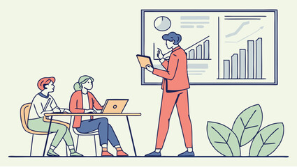 Presentation scene with a man presenting data to two colleagues at a table with a laptop screen