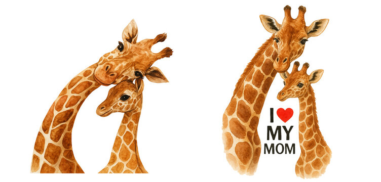 Watercolor Giraffe Mom and Baby Illustration with “I Love My Mom” Text – Cute Animal Family Artwork for Mother’s Day Cards