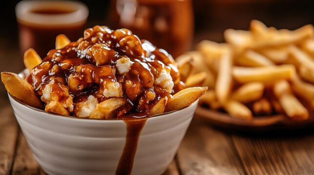 This mouth-watering image showcases a bowl of poutine, featuring crispy fries drenched in rich gravy and topped with fluffy cheese curds, perfect for indulgent dining.