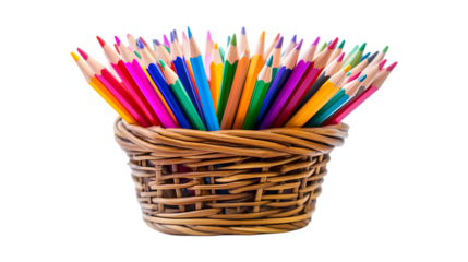 Pack Collection Colorful Pencils in Woven Basket Art Supplies Creativity Drawing set against transparent background