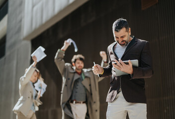 A team of professionals thrilled with success, showing enthusiasm and teamwork amidst a modern...