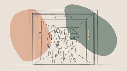 A group of people walking into an elevator with abstract shapes in the background and line art style © ALi STUdIO