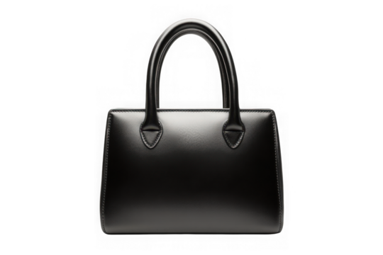 A sleek black leather handbag with a glossy finish on a white background studio