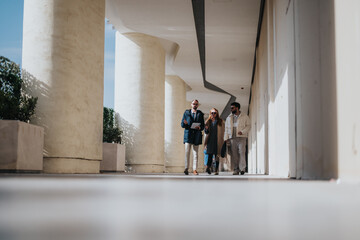 Business professionals engaged in conversation as they walk under a roofed passageway with large...