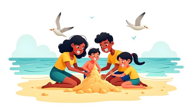 couple on the beach, kids playing on the beach, a vector of children playing on the beach making a pyramid with mud and sea flow in the background bired  flying in sky 