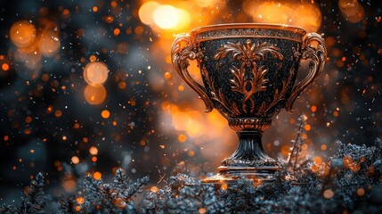 Ornate trophy centerpiece against a backdrop of warm lights and frost.