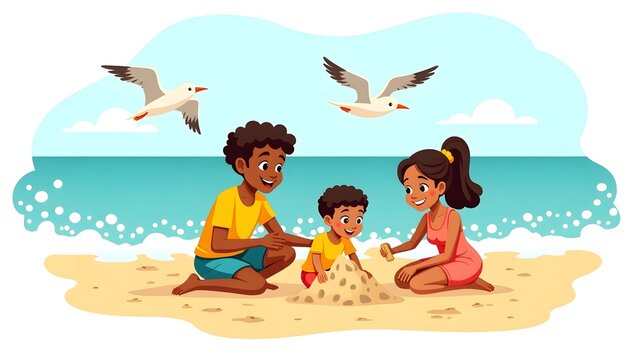 kids playing on the beach, a vector of children playing on the beach making a pyramid with mud and sea flow in the background bired  flying in sky 
