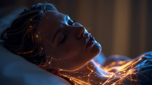 Neural network activity visualization covers a beautiful woman sleeping peacefully, suggesting a deep state of relaxation and mental processing - Powered by Adobe