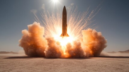 A successful rocket launch depicted with powerful explosive smoke and flames erupting at liftoff, symbolizing technological advancements and exploration.