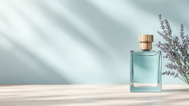 A captivating perfume bottle sits elegantly beside fresh lavender, capturing the essence of tranquility and elegance against a soft blue background, creating a serene atmosphere.