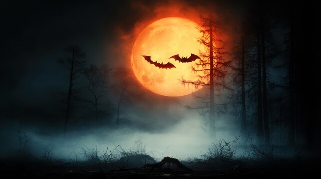 A haunting Halloween night scene featuring a glowing full moon, eerie fog, and silhouetted bats flying over desolate trees, embodying the mystique and spookiness of the season.