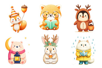 Naklejka premium Whimsical, cute animal character clipart set with holiday and seasonal themes. Squirrel, red panda, penguin, bear, sweet bunny and cat in raincoat.